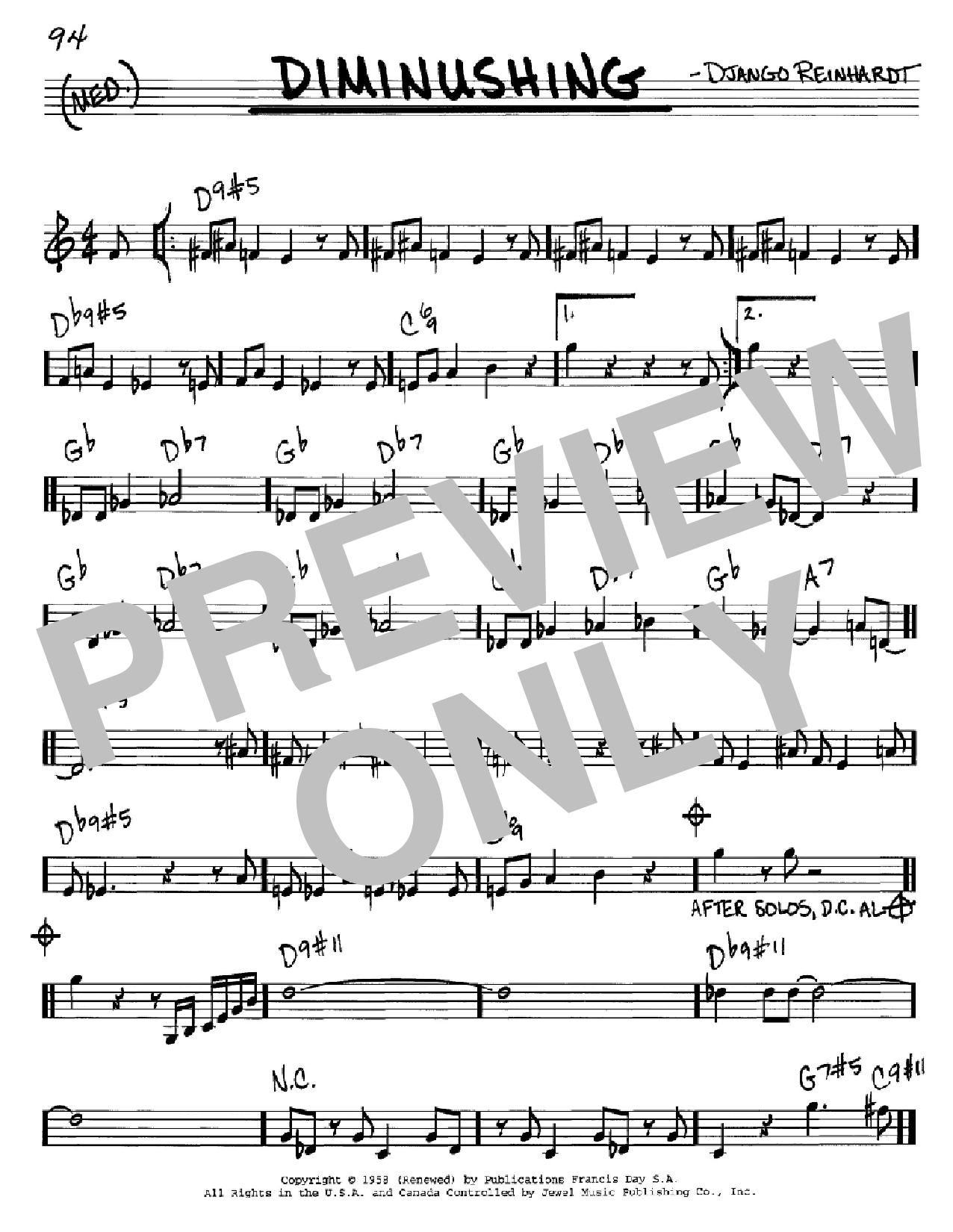 Download Django Reinhardt Diminushing Sheet Music and learn how to play Real Book - Melody & Chords - C Instruments PDF digital score in minutes