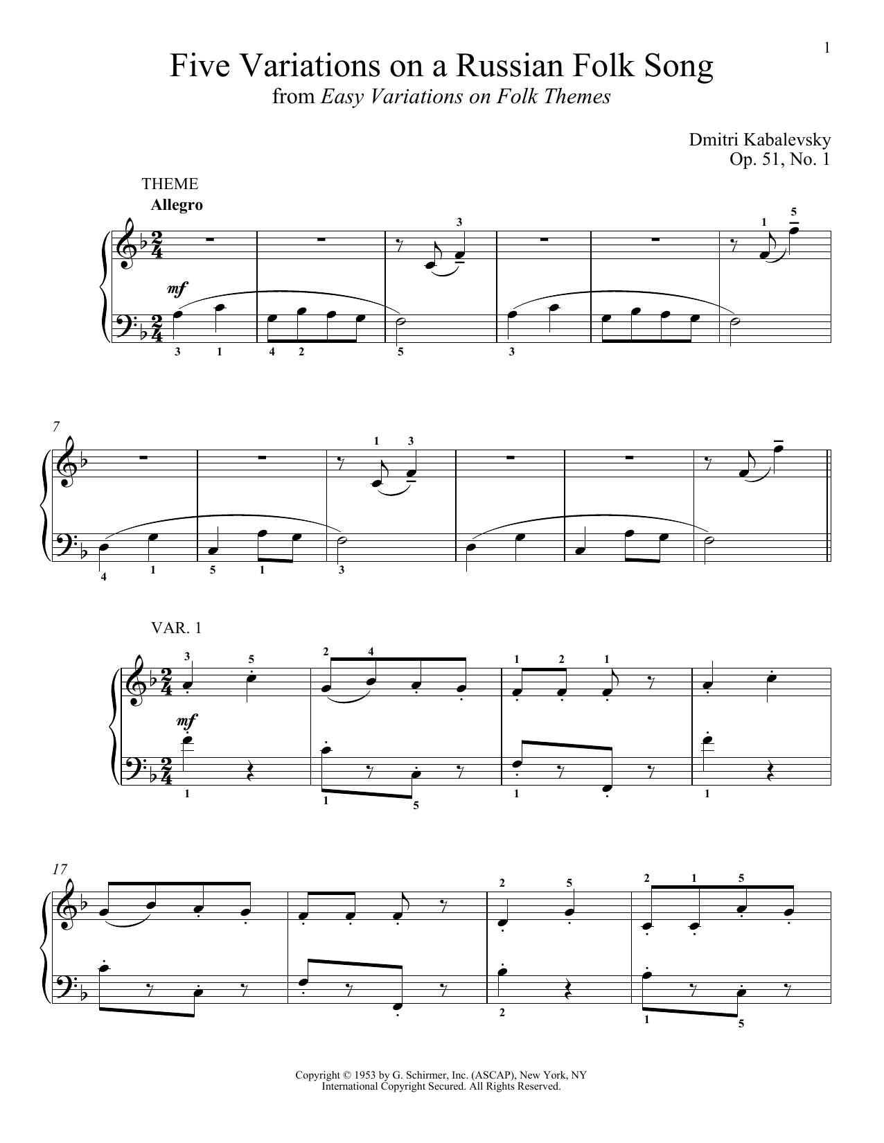 Download Dmitri Kabalevsky Five Variations On A Russian Folk Song, Op. 51, No. 1 Sheet Music and learn how to play Piano PDF digital score in minutes