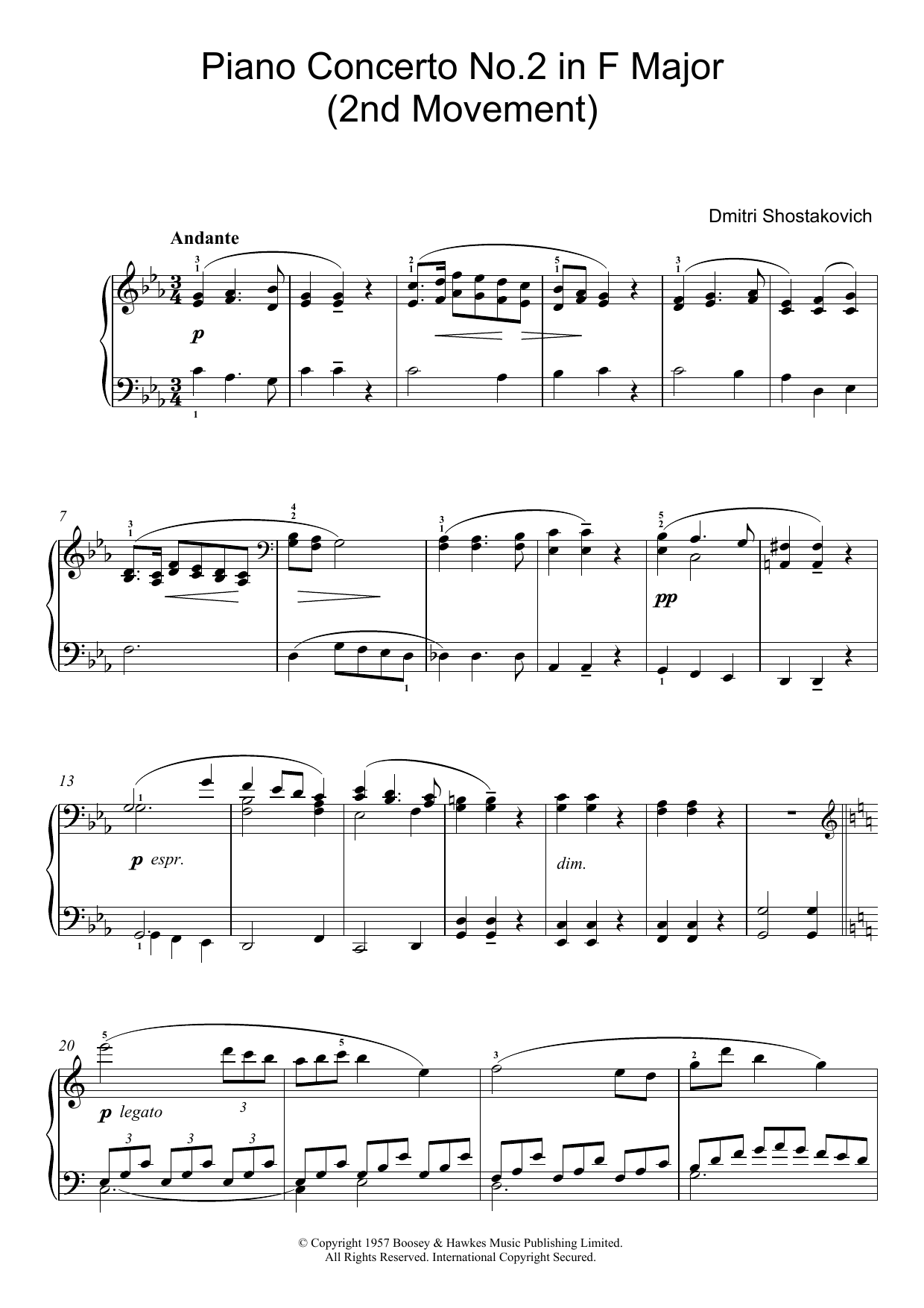 Download Dmitri Shostakovich Piano Concerto No. 2 in F Major (2nd Movement) Sheet Music and learn how to play Piano PDF digital score in minutes
