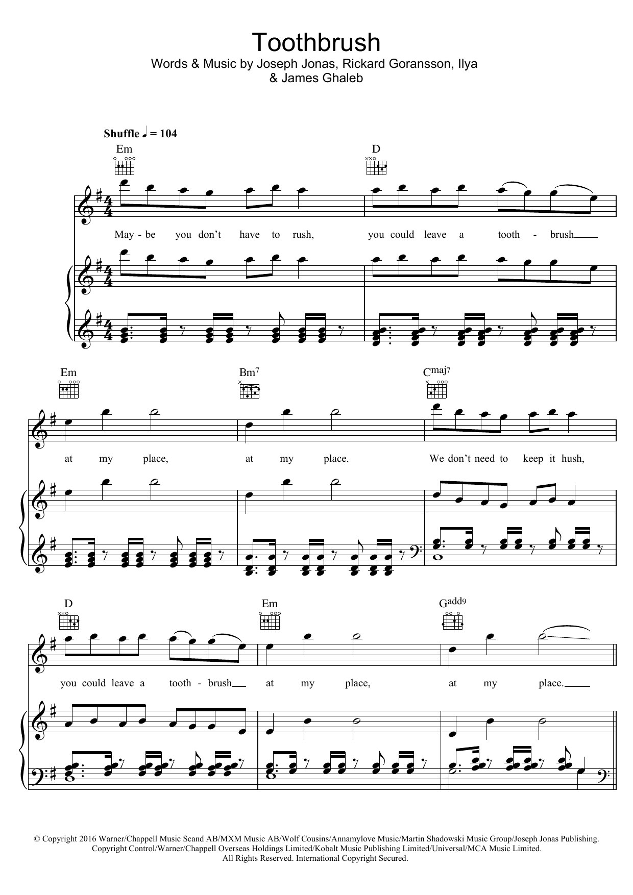 Download DNCE Toothbrush Sheet Music and learn how to play Piano, Vocal & Guitar (Right-Hand Melody) PDF digital score in minutes