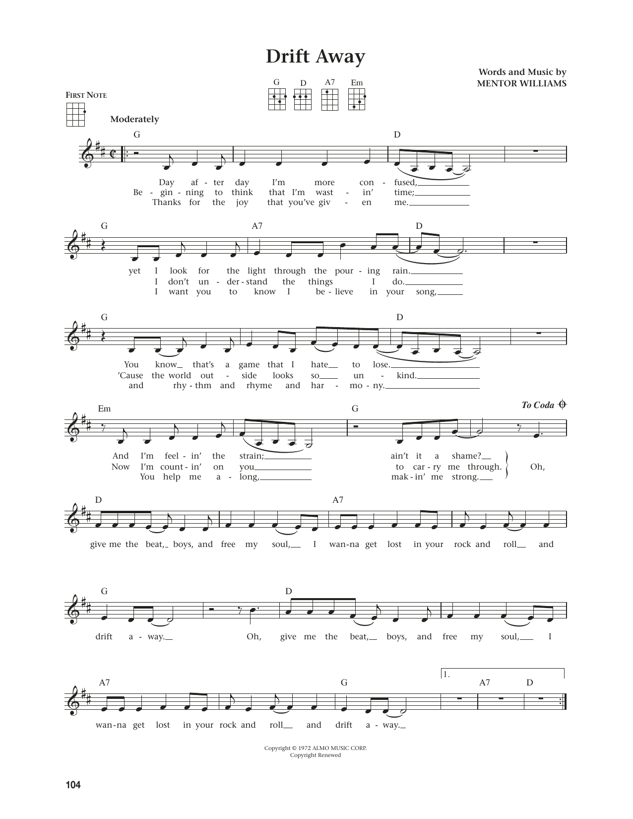 Download Dobie Gray Drift Away (from The Daily Ukulele) (arr. Jim Beloff) Sheet Music and learn how to play Ukulele PDF digital score in minutes