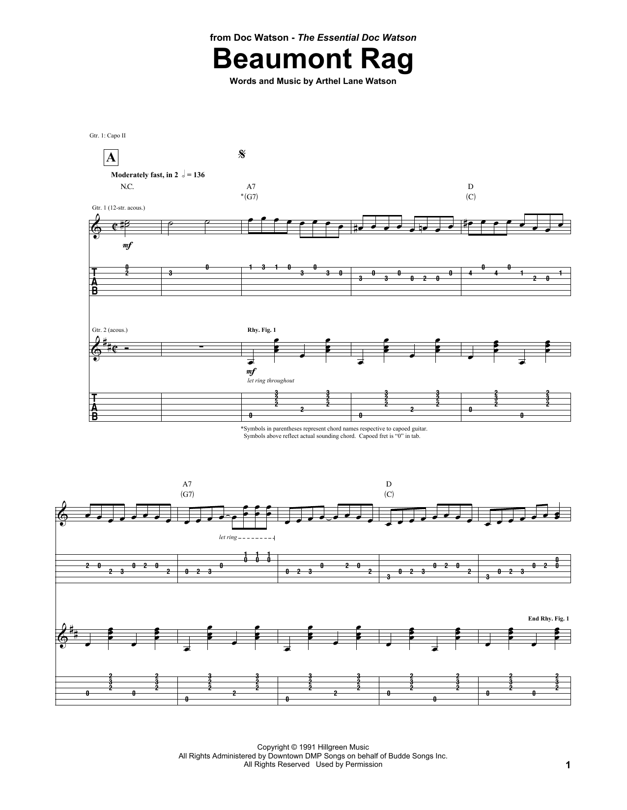 Download Doc Watson Beaumont Rag Sheet Music and learn how to play Guitar Tab PDF digital score in minutes