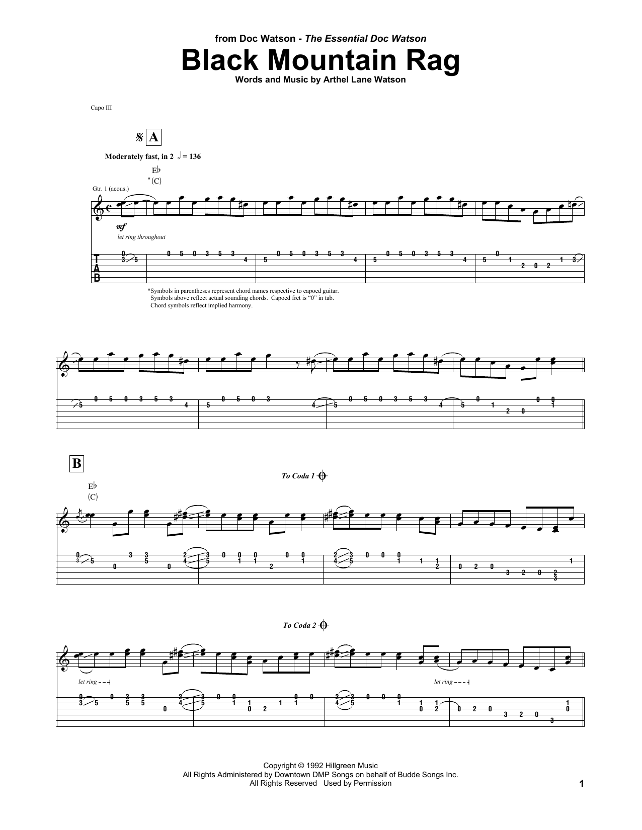 Download Doc Watson Black Mountain Rag Sheet Music and learn how to play Guitar Tab PDF digital score in minutes