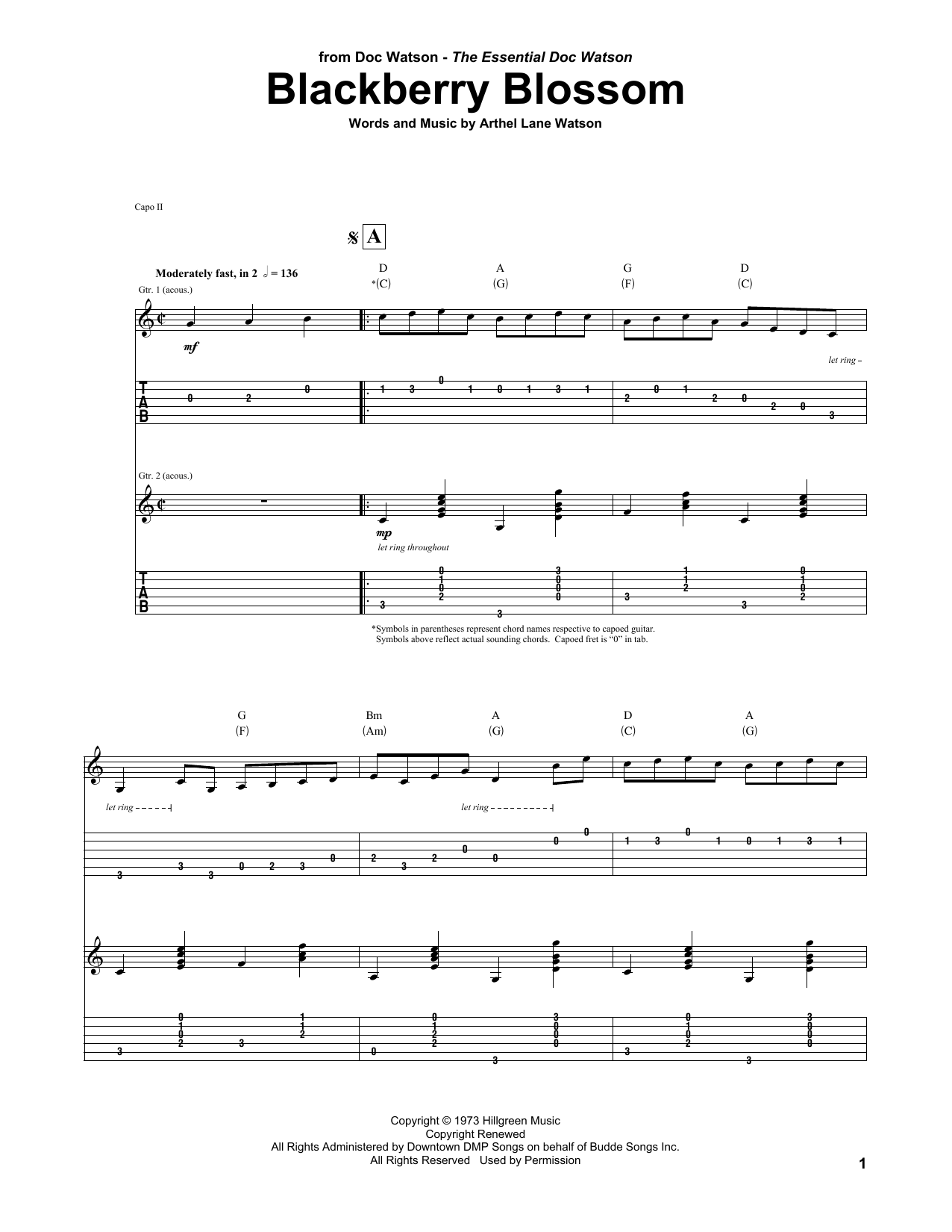 Download Doc Watson Blackberry Blossom Sheet Music and learn how to play Guitar Tab PDF digital score in minutes