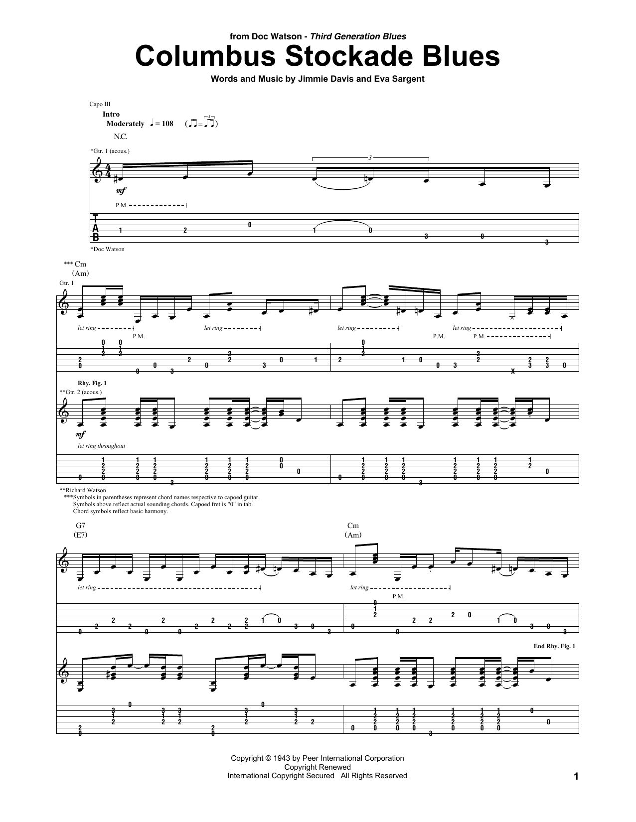 Download Doc Watson Columbus Stockade Blues Sheet Music and learn how to play Guitar Tab PDF digital score in minutes