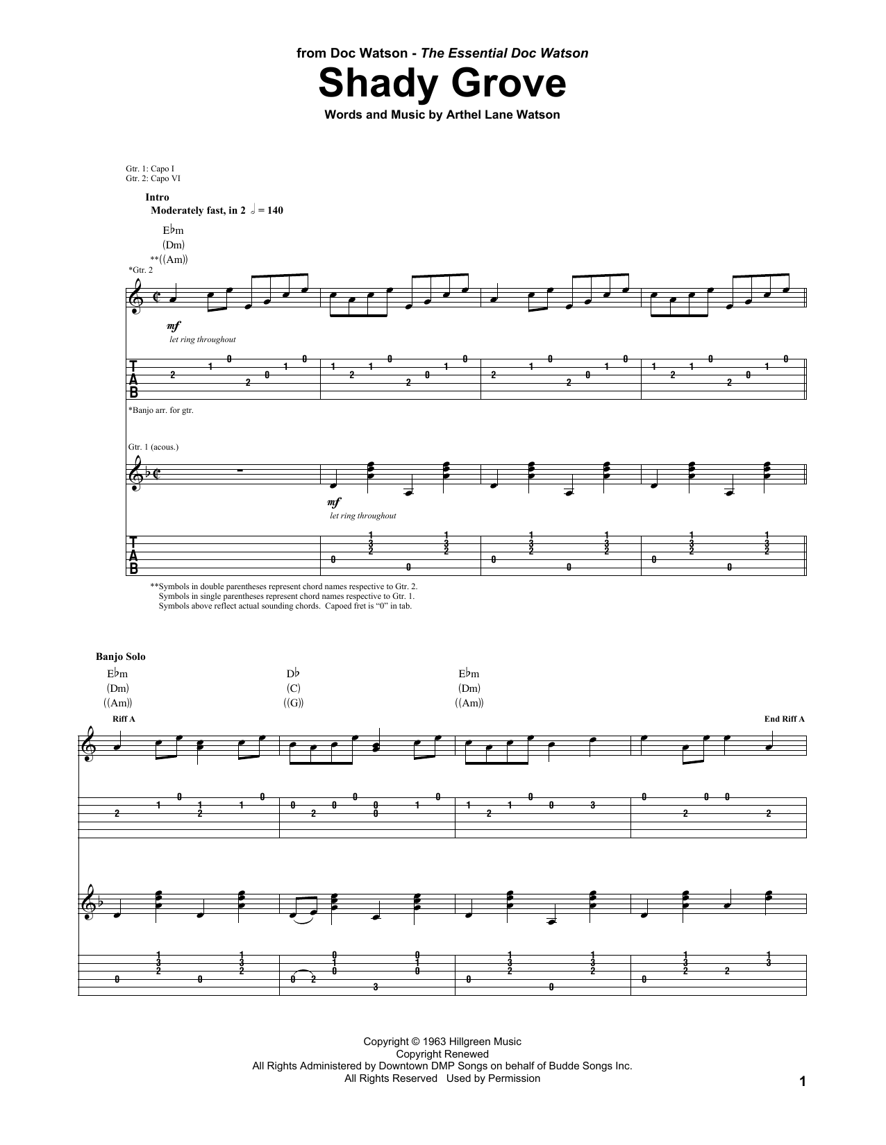 Download Doc Watson Shady Grove Sheet Music and learn how to play Guitar Tab PDF digital score in minutes