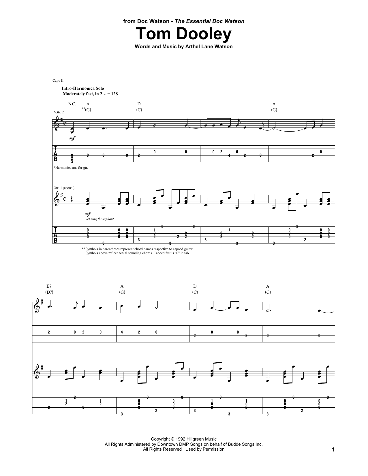 Download Doc Watson Tom Dooley Sheet Music and learn how to play Guitar Tab PDF digital score in minutes