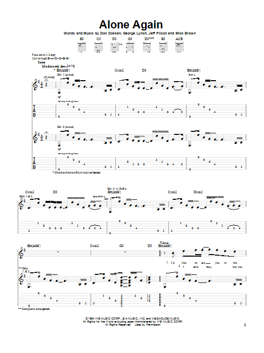 Download Dokken Alone Again Sheet Music and learn how to play Guitar Tab Play-Along PDF digital score in minutes