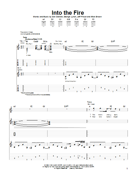 Download Dokken Into The Fire Sheet Music and learn how to play Guitar Tab PDF digital score in minutes