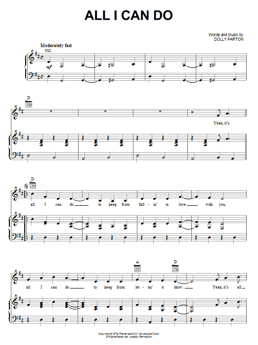Download Dolly Parton All I Can Do Sheet Music and learn how to play Piano, Vocal & Guitar (Right-Hand Melody) PDF digital score in minutes