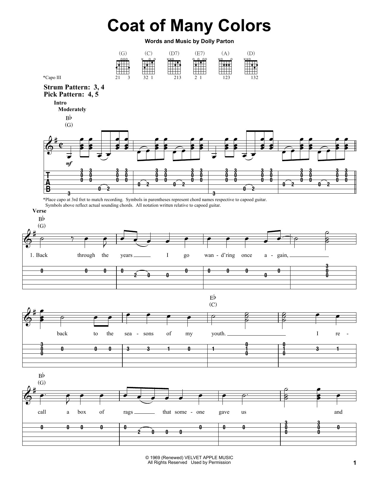 Download Dolly Parton Coat Of Many Colors Sheet Music and learn how to play Piano, Vocal & Guitar (Right-Hand Melody) PDF digital score in minutes