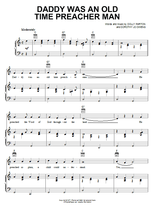 Download Dolly Parton Daddy Was An Old Time Preacher Man Sheet Music and learn how to play Piano, Vocal & Guitar (Right-Hand Melody) PDF digital score in minutes
