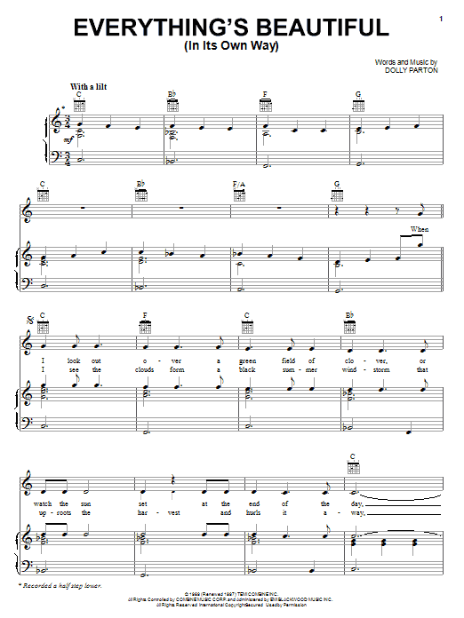 Download Dolly Parton Everything's Beautiful (In Its Own Way) Sheet Music and learn how to play Piano, Vocal & Guitar (Right-Hand Melody) PDF digital score in minutes