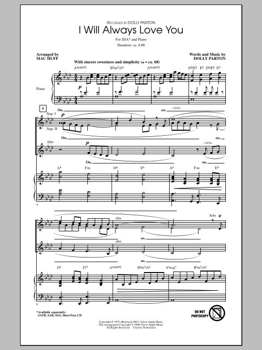 Download Mac Huff I Will Always Love You Sheet Music and learn how to play SATB PDF digital score in minutes