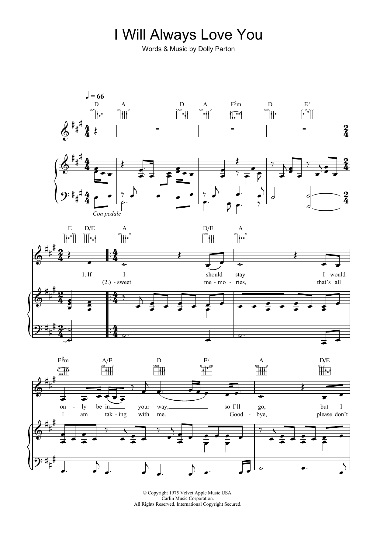 Download Dolly Parton I Will Always Love You Sheet Music and learn how to play Easy Guitar PDF digital score in minutes