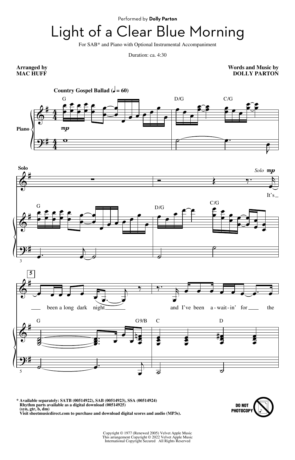 Download Dolly Parton Light Of A Clear Blue Morning (arr. Mac Huff) Sheet Music and learn how to play SATB Choir PDF digital score in minutes