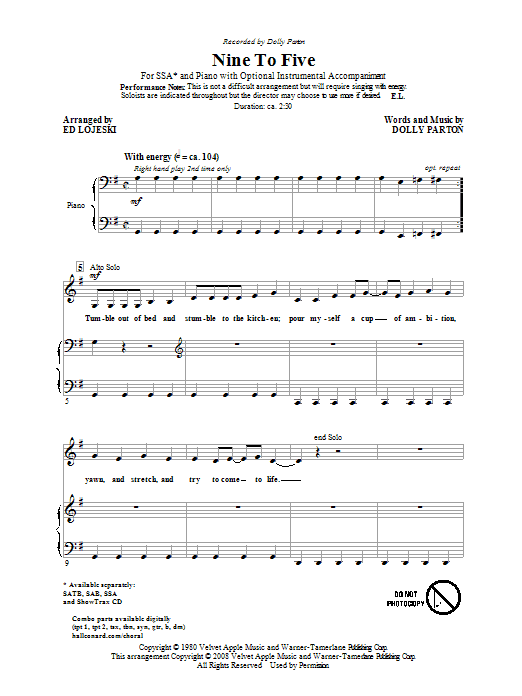 Download Dolly Parton Nine To Five (arr. Ed Lojeski) Sheet Music and learn how to play SATB PDF digital score in minutes