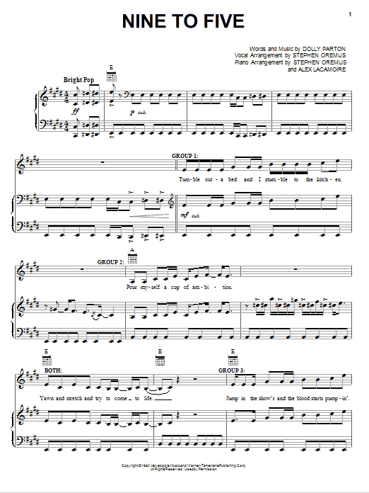 Download Dolly Parton Nine To Five Sheet Music and learn how to play Piano, Vocal & Guitar (Right-Hand Melody) PDF digital score in minutes