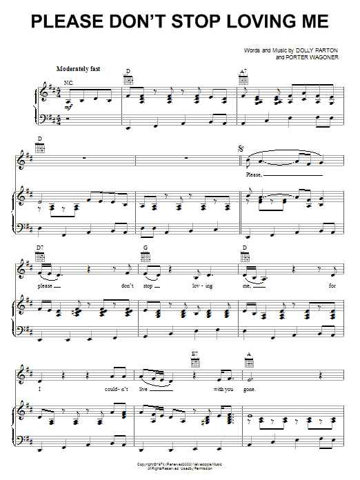 Download Dolly Parton Please Don't Stop Loving Me Sheet Music and learn how to play Piano, Vocal & Guitar (Right-Hand Melody) PDF digital score in minutes