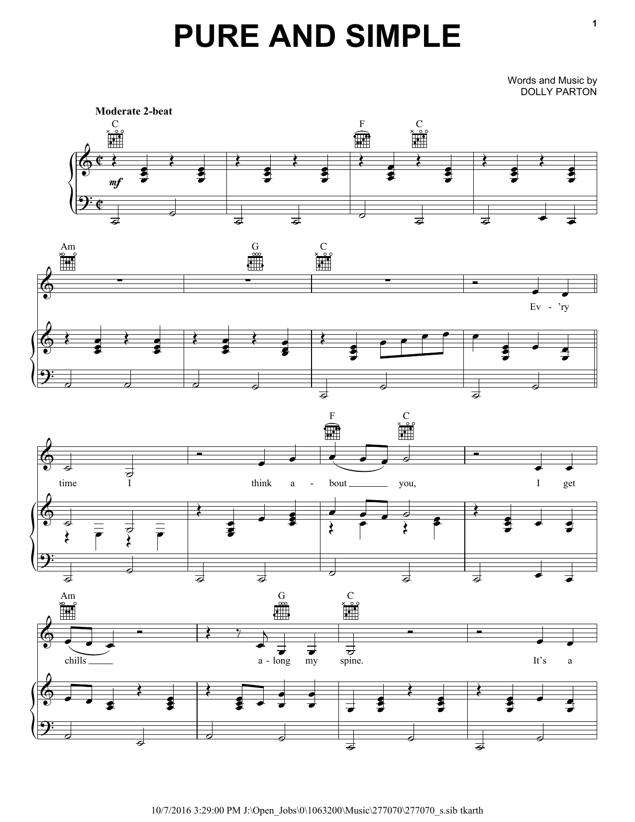 Download Dolly Parton Pure And Simple Sheet Music and learn how to play Piano, Vocal & Guitar (Right-Hand Melody) PDF digital score in minutes