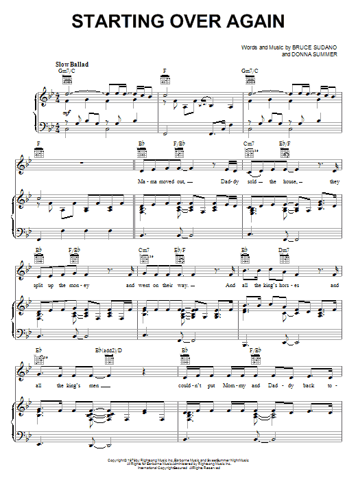 Download Donna Summer Starting Over Again Sheet Music and learn how to play Piano, Vocal & Guitar (Right-Hand Melody) PDF digital score in minutes