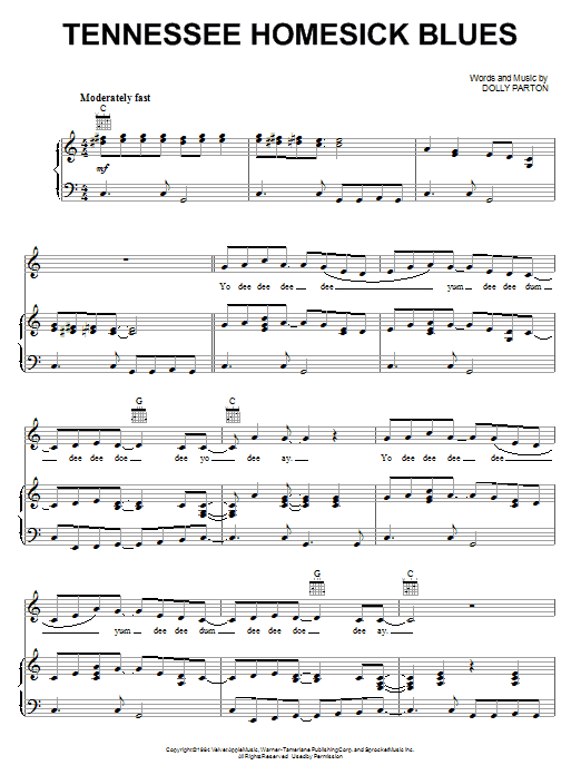 Download Dolly Parton Tennessee Homesick Blues Sheet Music and learn how to play Piano, Vocal & Guitar (Right-Hand Melody) PDF digital score in minutes