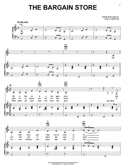 Download Dolly Parton The Bargain Store Sheet Music and learn how to play Piano, Vocal & Guitar (Right-Hand Melody) PDF digital score in minutes
