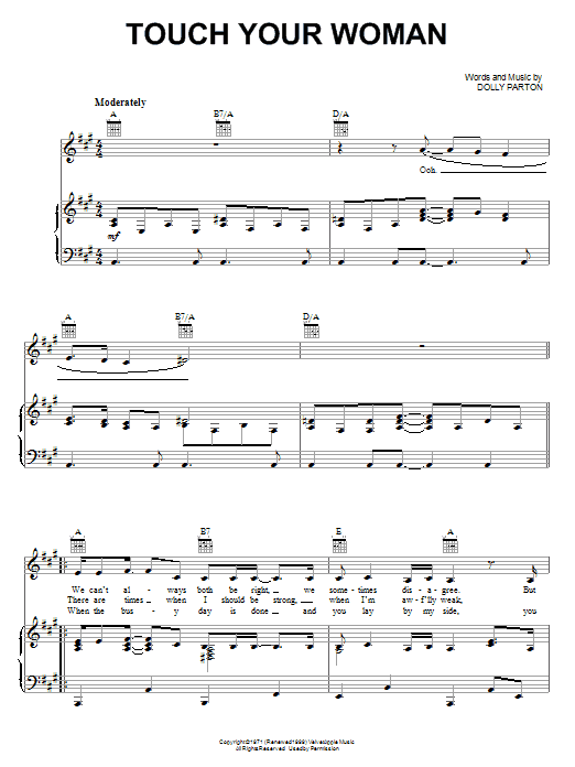 Download Dolly Parton Touch Your Woman Sheet Music and learn how to play Piano, Vocal & Guitar (Right-Hand Melody) PDF digital score in minutes