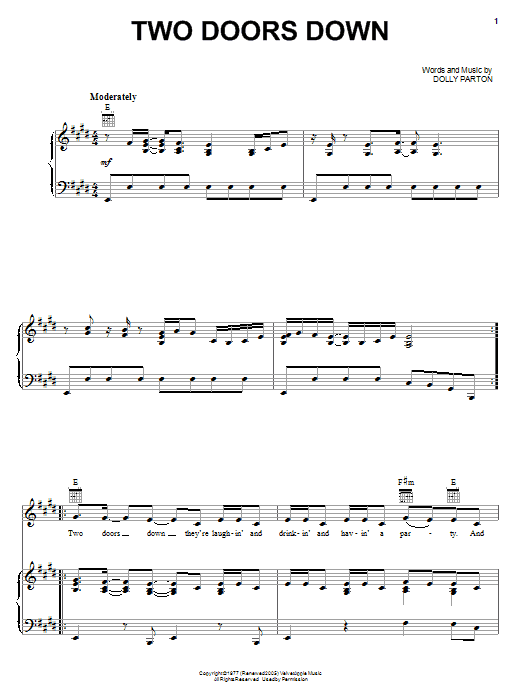 Download Dolly Parton Two Doors Down Sheet Music and learn how to play Piano, Vocal & Guitar (Right-Hand Melody) PDF digital score in minutes