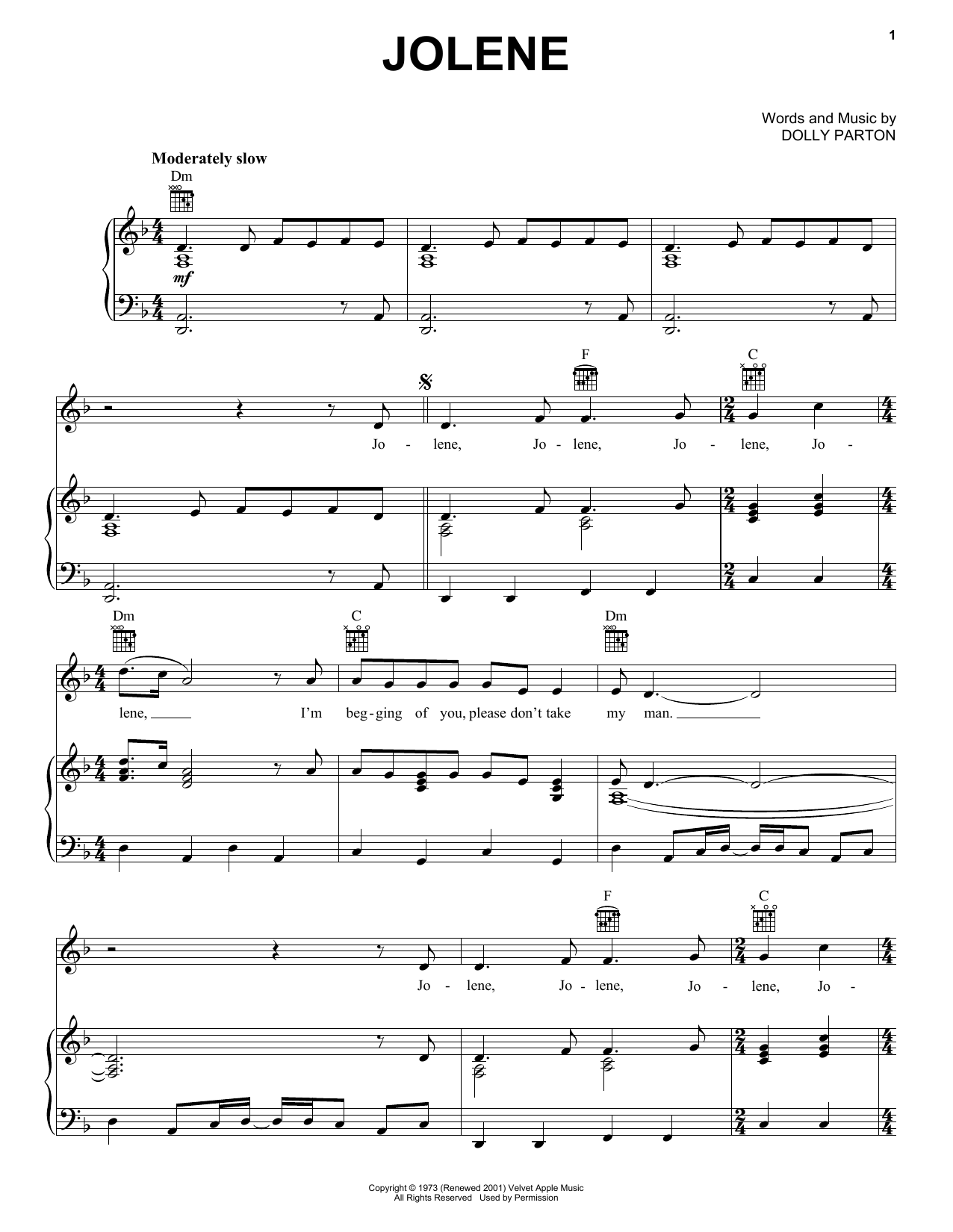Dolly Parton Jolene Sheet Music Notes Chords Piano Vocal Guitar 