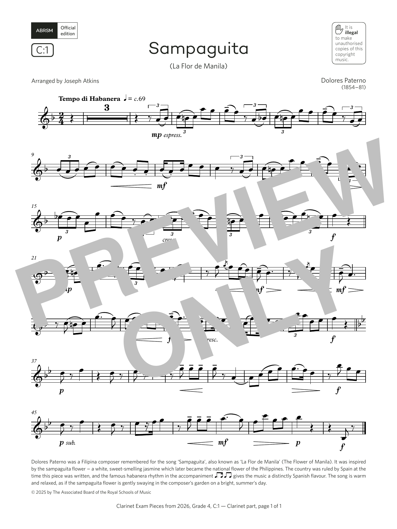 Download Dolores Paterno Sampaguita (Grade 4, list C1, from the ABRSM Clarinet Syllabus from 2026) Sheet Music and learn how to play Clarinet Solo PDF digital score in minutes
