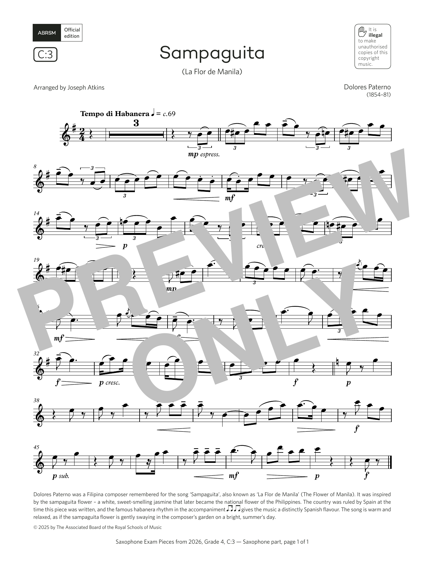 Download Dolores Paterno Sampaguita (Grade 4, list C3, from the ABRSM Saxophone Syllabus from 2026) Sheet Music and learn how to play Alto Sax Solo PDF digital score in minutes