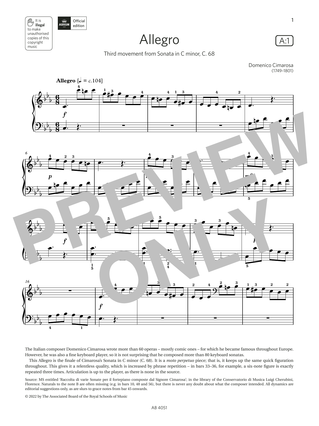 Download Domenico Cimarosa Allegro (Grade 5, list A1, from the ABRSM Piano Syllabus 2023 & 2024) Sheet Music and learn how to play Piano Solo PDF digital score in minutes