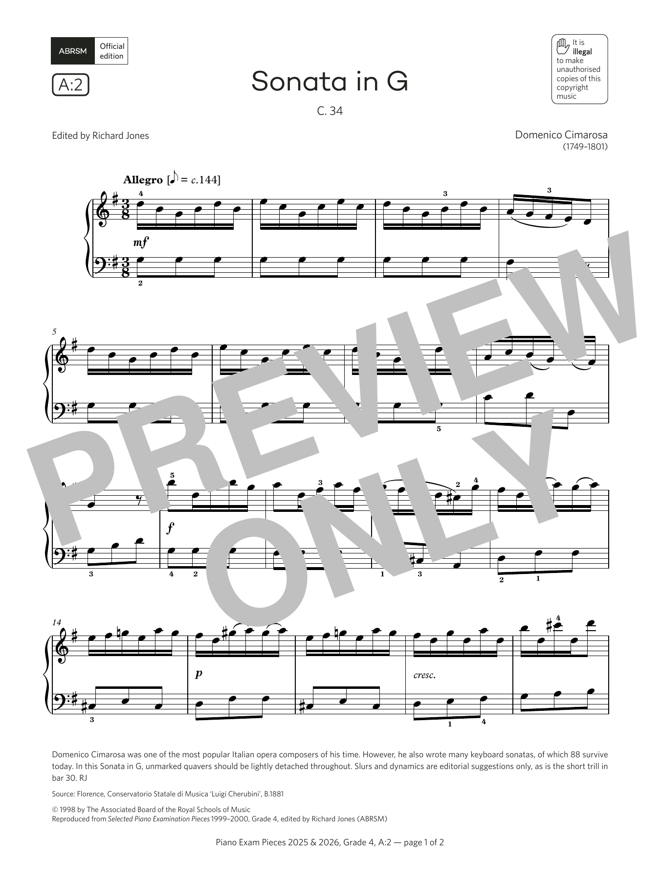 Download Domenico Cimarosa Sonata in G (Grade 4, list A2, from the ABRSM Piano Syllabus 2025 & 2026) Sheet Music and learn how to play Piano Solo PDF digital score in minutes