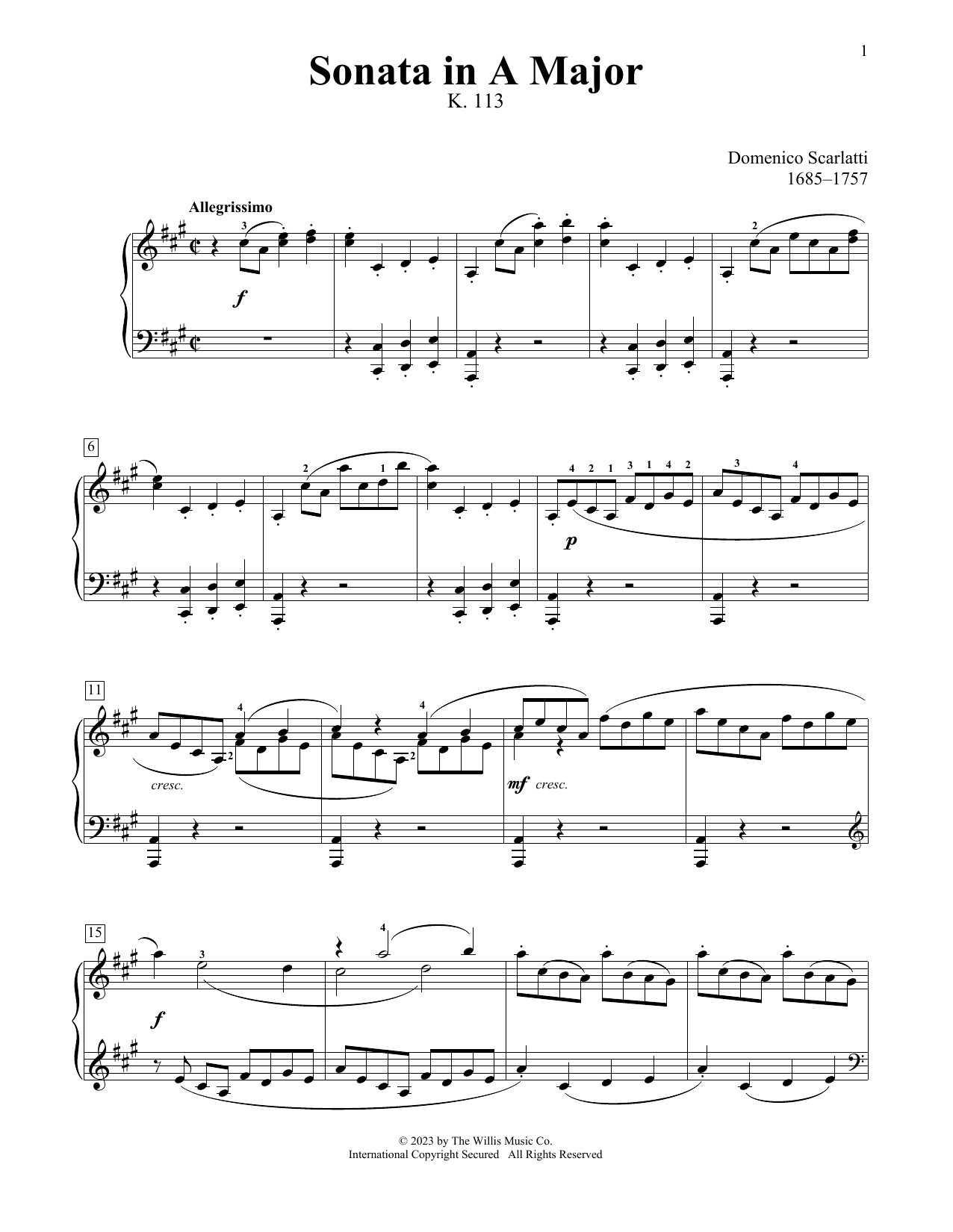 Download Domenico Scarlatti Sonata In A Major, K. 113 Sheet Music and learn how to play Educational Piano PDF digital score in minutes