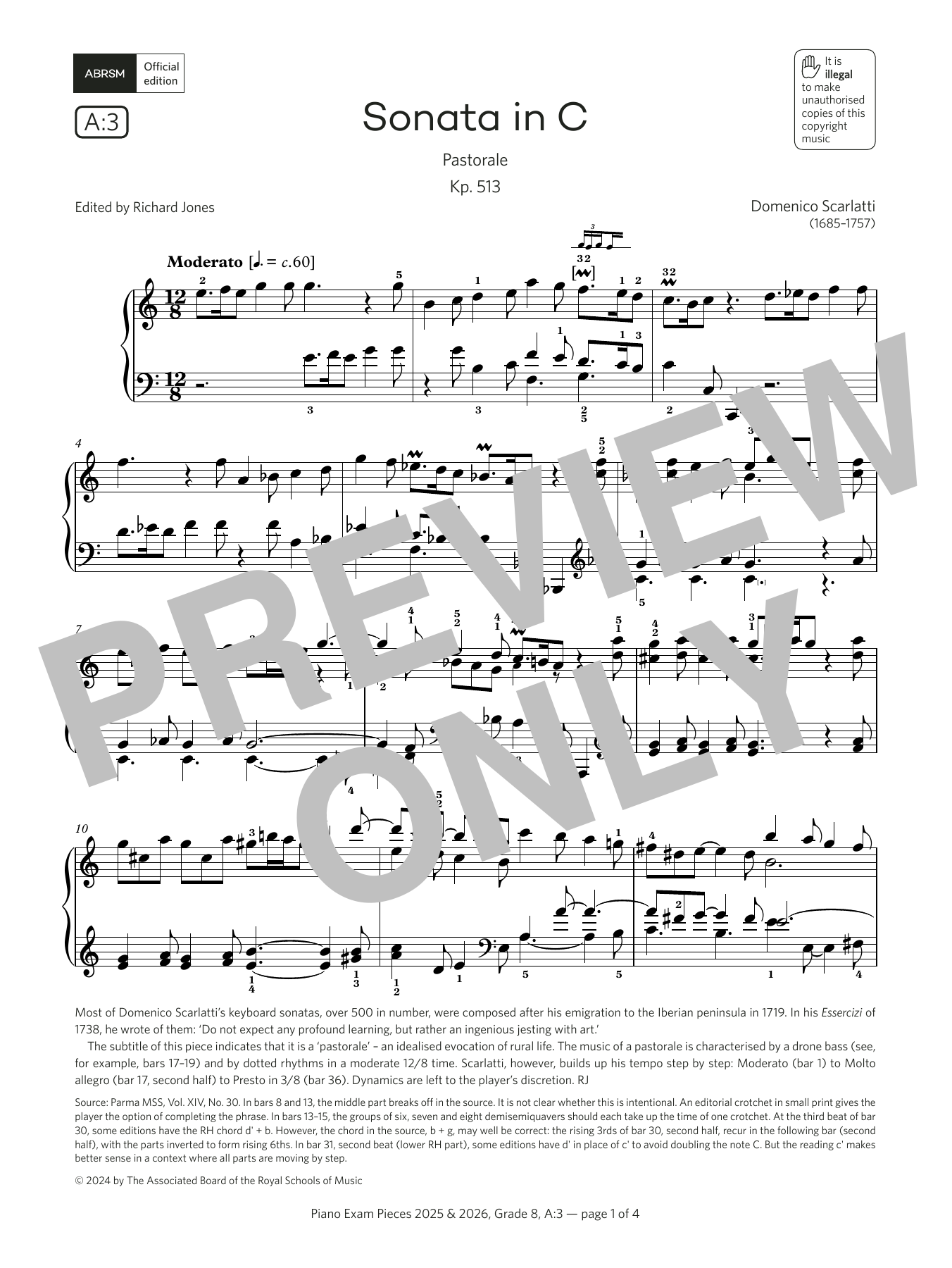 Download Domenico Scarlatti Sonata in C (Grade 8, list A3, from the ABRSM Piano Syllabus 2025 & 2026) Sheet Music and learn how to play Piano Solo PDF digital score in minutes