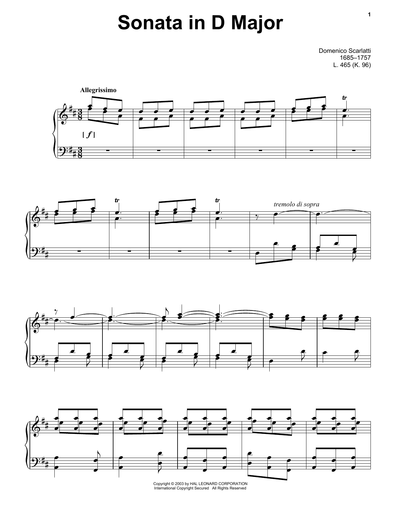 Download Domenico Scarlatti Sonata In D Major, K. 96 Sheet Music and learn how to play Piano Solo PDF digital score in minutes