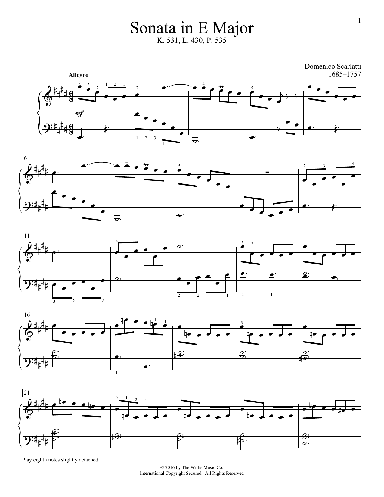 Download Domenico Scarlatti Sonata In E Major, K. 531, L. 430, P. 535 Sheet Music and learn how to play Educational Piano PDF digital score in minutes