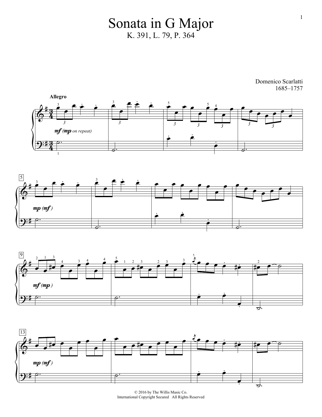 Download Domenico Scarlatti Sonata In G Major, K. 391, L. 79, P. 364 Sheet Music and learn how to play Educational Piano PDF digital score in minutes