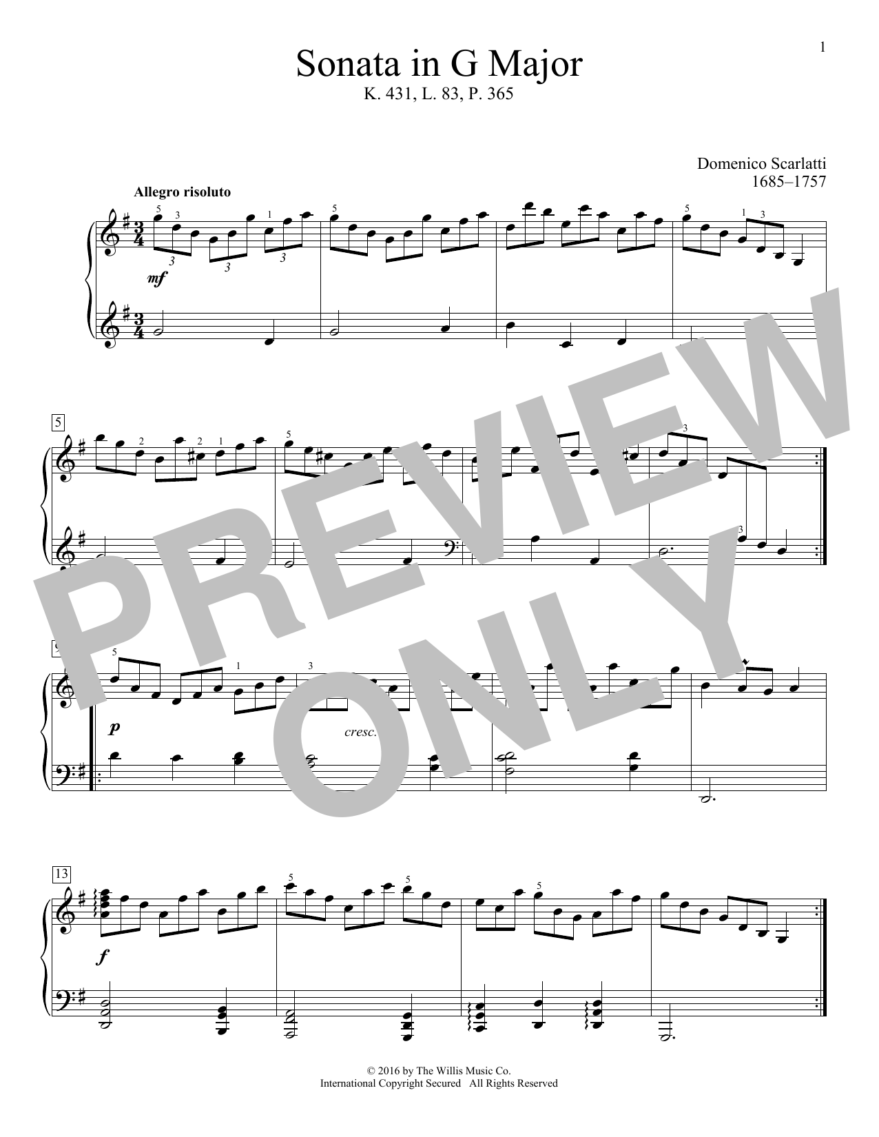 Download Domenico Scarlatti Sonata In G Major, K. 431, L. 83, P. 365 Sheet Music and learn how to play Educational Piano PDF digital score in minutes
