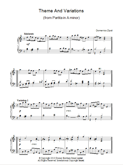 Download Domenico Zipoli Theme And Variations From Partita In A Minor Sheet Music and learn how to play Piano PDF digital score in minutes