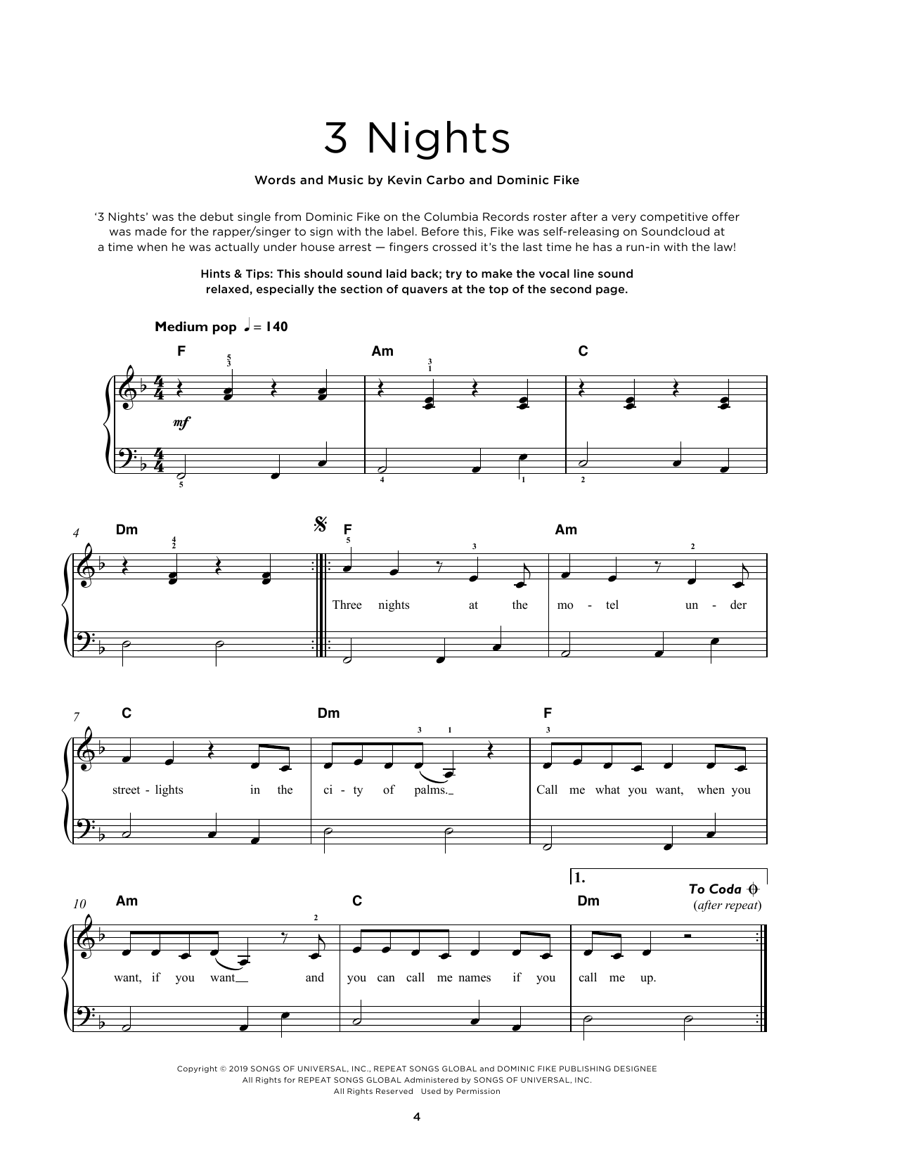 Download Dominic Fike 3 Nights Sheet Music and learn how to play Really Easy Piano PDF digital score in minutes