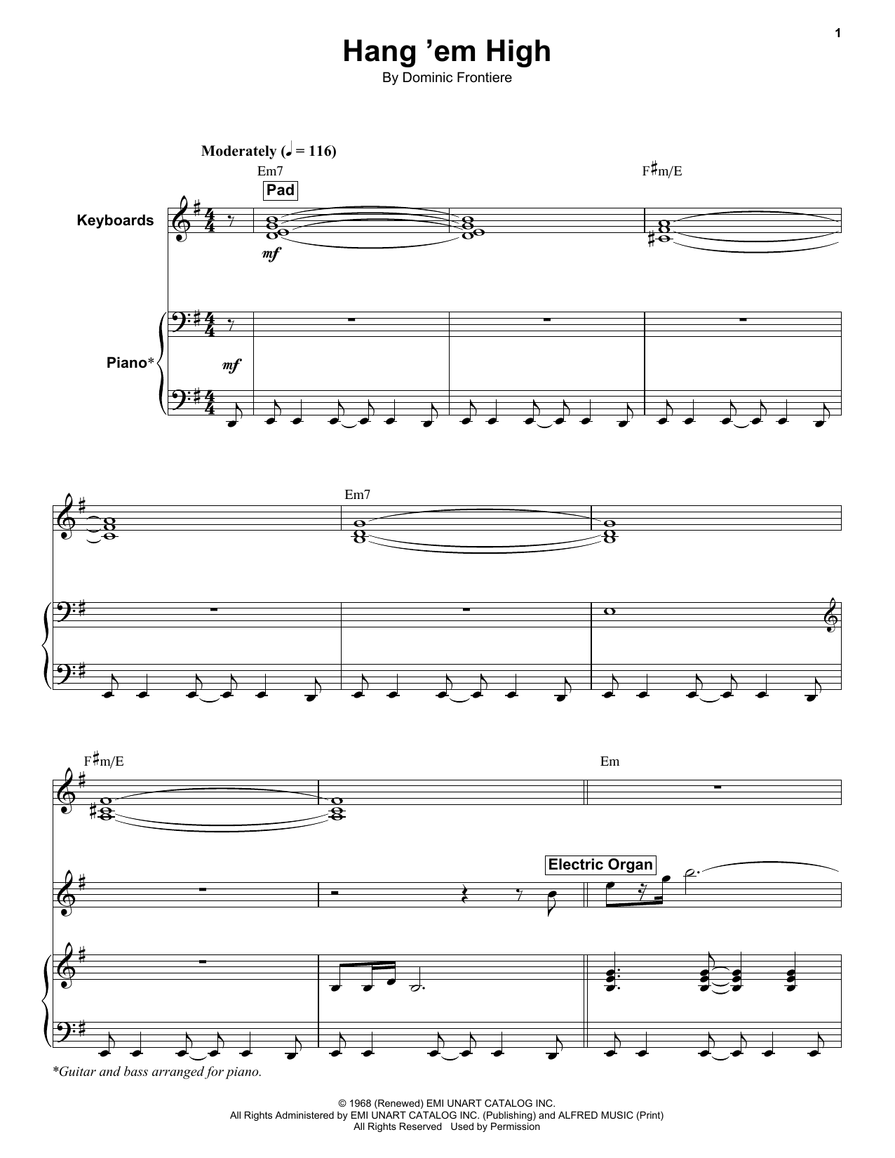 Download Dominic Frontiere Hang 'Em High Sheet Music and learn how to play Keyboard Transcription PDF digital score in minutes