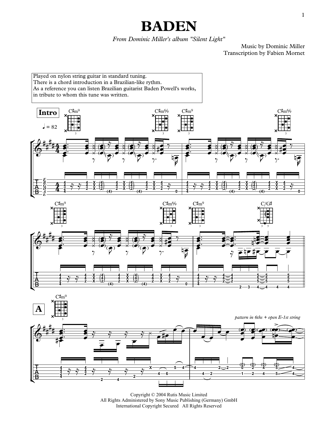 Download Dominic Miller Baden Sheet Music and learn how to play Solo Guitar PDF digital score in minutes