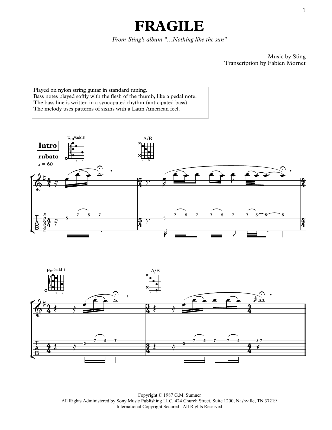 Download Dominic Miller Fragile Sheet Music and learn how to play Solo Guitar PDF digital score in minutes