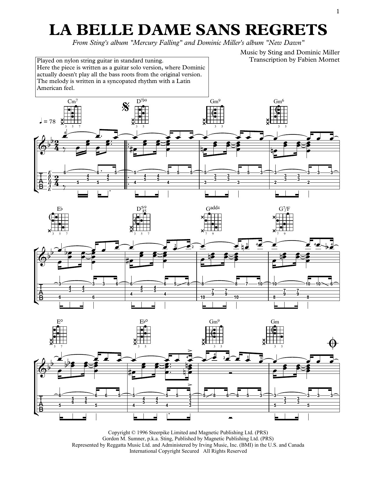 Download Dominic Miller La Belle Dame Sans Regrets Sheet Music and learn how to play Solo Guitar PDF digital score in minutes