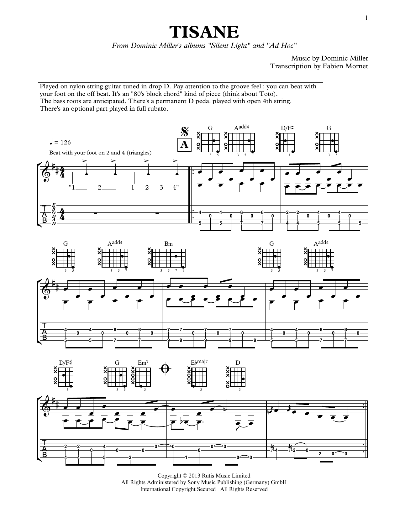 Download Dominic Miller Tisane Sheet Music and learn how to play Solo Guitar PDF digital score in minutes
