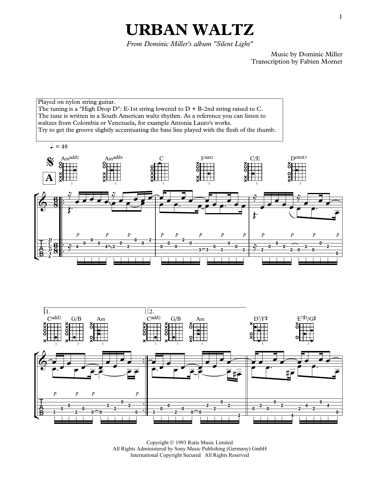Download Dominic Miller Urban Waltz Sheet Music and learn how to play Solo Guitar PDF digital score in minutes