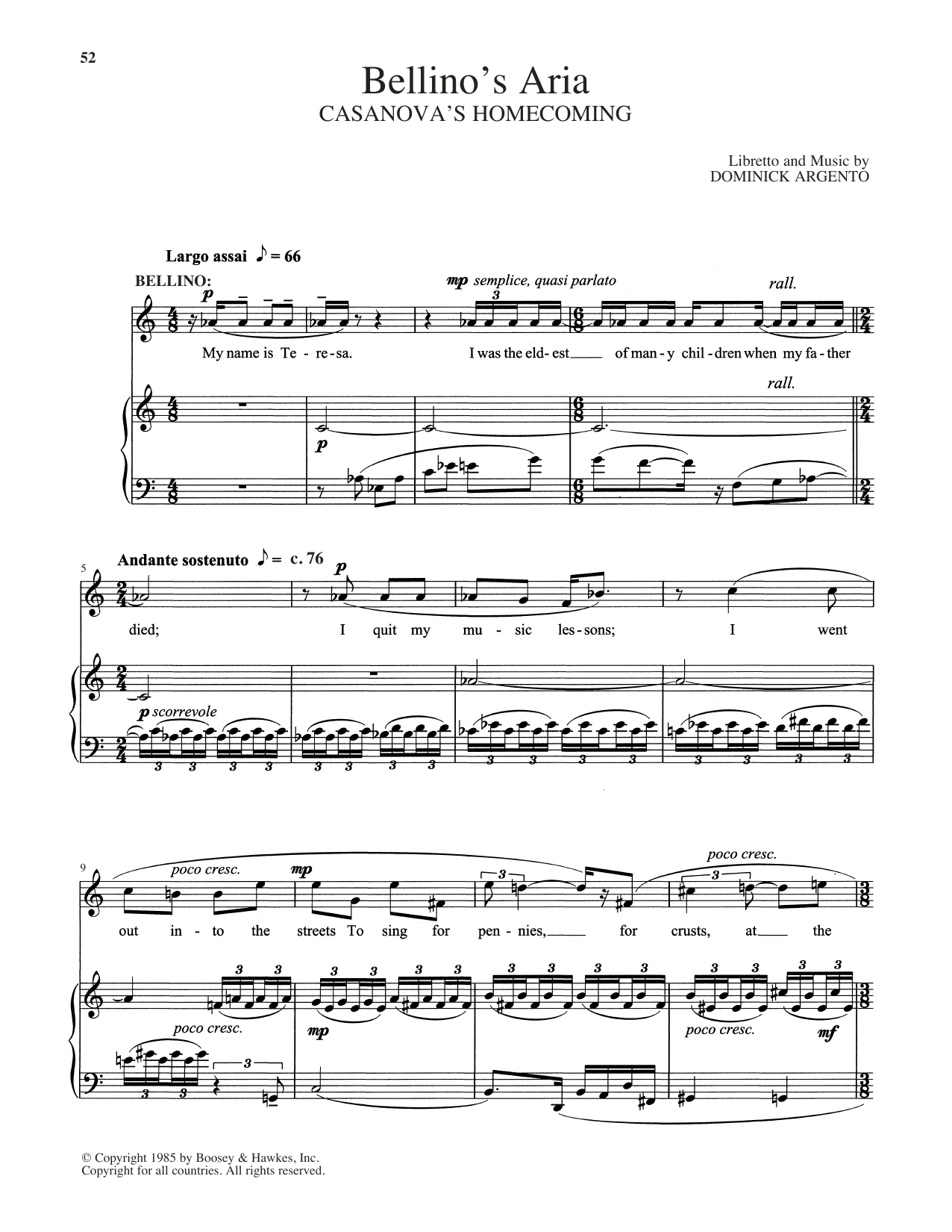 Download Dominick Argento Bellino's Aria Sheet Music and learn how to play Piano & Vocal PDF digital score in minutes