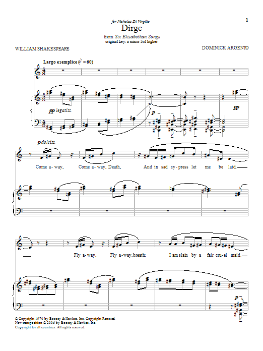 Download Dominick Argento Dirge Sheet Music and learn how to play Piano & Vocal PDF digital score in minutes